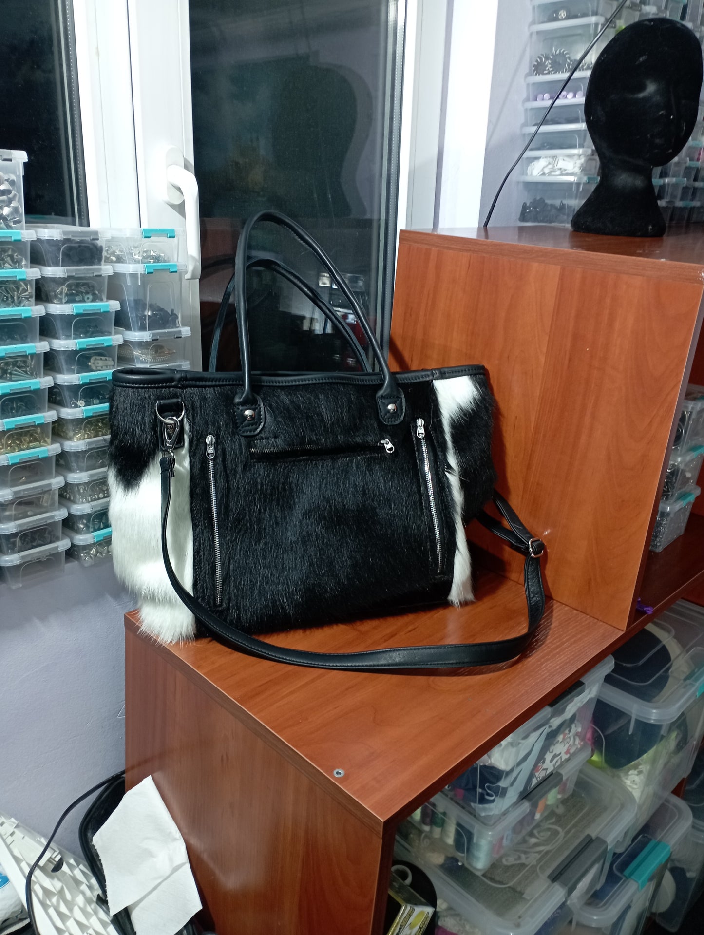 Custom consealed carry tote inspired by Cruella dalmatian coat