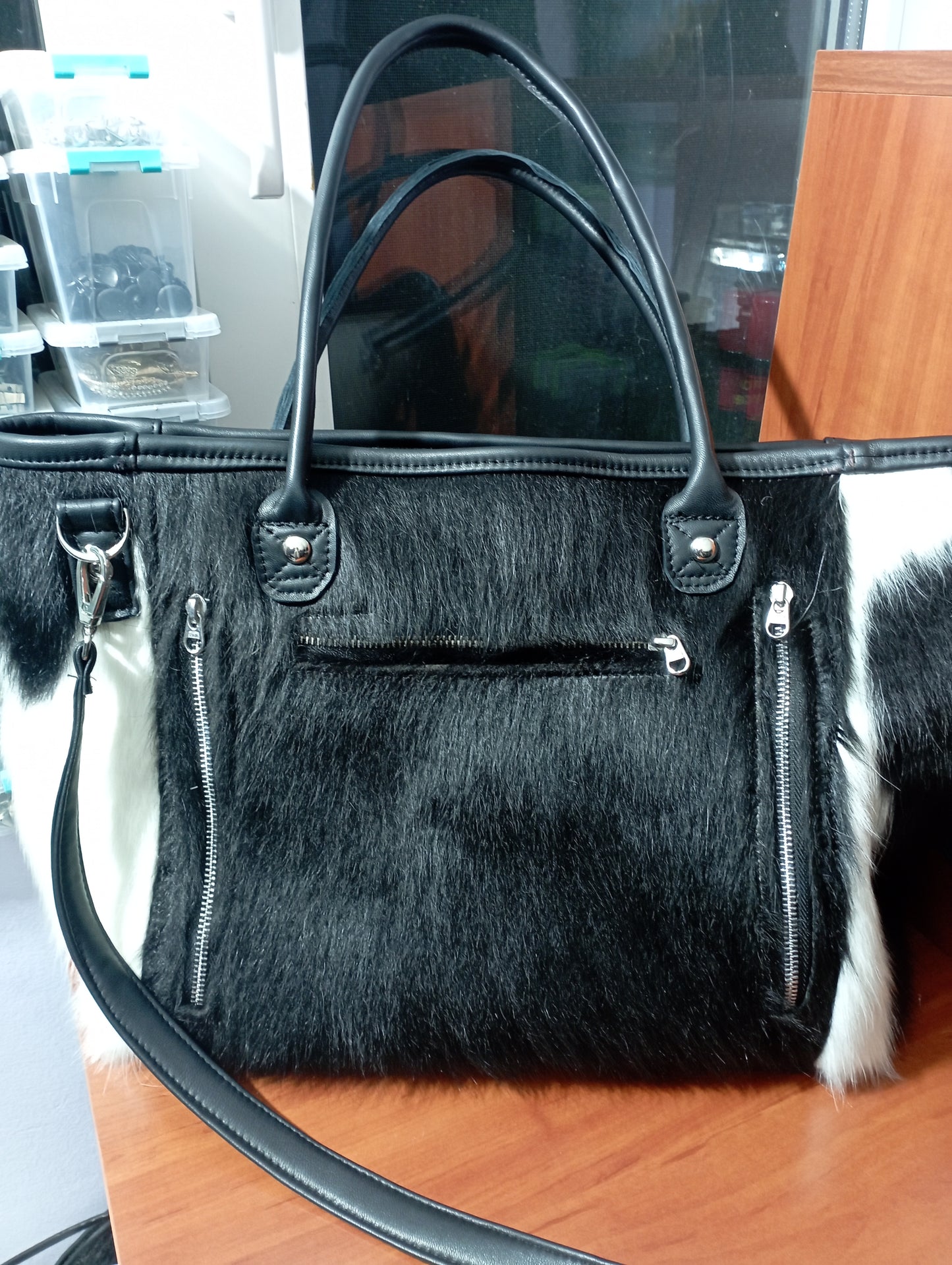 Custom consealed carry tote inspired by Cruella dalmatian coat