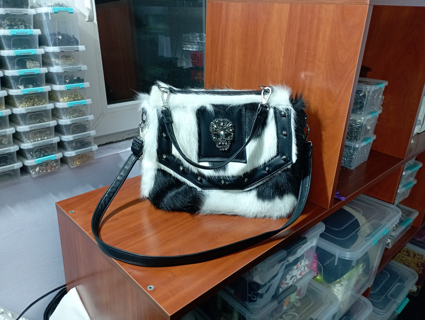 Custom consealed carry hand-bag inspired by Cruella dalmatian coat